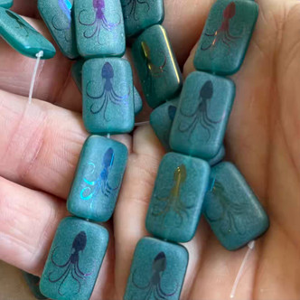 18x12mm Octopus Laser Etched Czech Glass Sea Green Sliperit 6Pcs Per Strand
