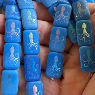 18x12mm Octopus Laser Etched Czech Glass Ocean Blue AB 6Pcs Per Strand