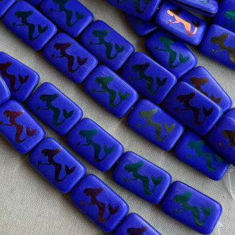 18x12mm Mermaid Laser Etched Czech Glass Royal Blue Metallic Iris 6Pcs Per Strand