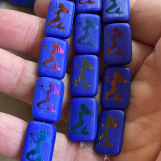 18x12mm Mermaid Laser Etched Czech Glass Royal Blue Metallic Iris 6Pcs Per Strand
