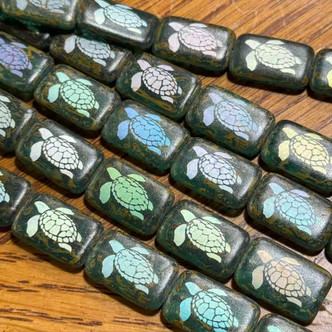 18x12mm Sea Turtle Laser Etched Czech Glass Erinite Picasso AB 6Pcs Per Strand