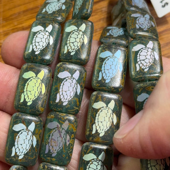 18x12mm Sea Turtle Laser Etched Czech Glass Erinite Picasso AB 6Pcs Per Strand
