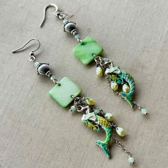 Sea Green Mermaid Pearl Earrings Silver Artisan Made in the USA Per Pair