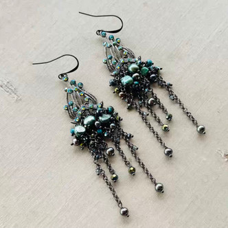 Ocean Night Pearl Chandelier Earrings Gunmetal Artisan Made in the USA Per Pair