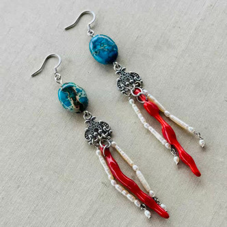 Aqua Terra Jasper Coral Pearl Dangle Earrings Red White Blue Silver Artisan Made in the USA Per Pair
