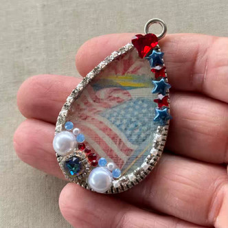 OOAK Ole Glory USA Americana Drop Pendant Rhinestones Resin Artisan Made Per Pc