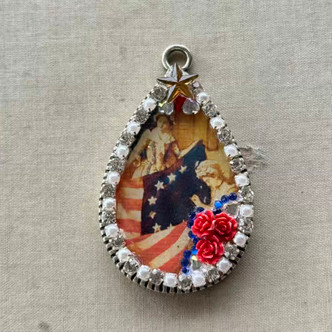 OOAK Betsy Ross Flag USA Americana Drop Pendant Rhinestones Resin Artisan Made Per Pc