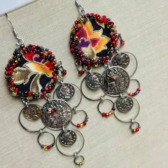 Leopard Scarlet Bohemia Dangles Earrings Coins Artisan Made in the USA Per Pair