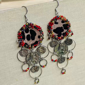 Leopard Scarlet Bohemia Dangles Earrings Coins Artisan Made in the USA Per Pair
