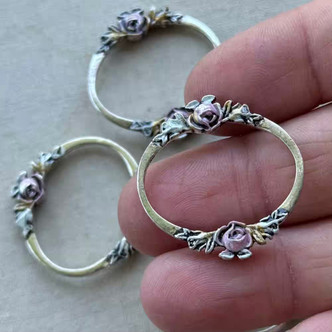 30mm Pink Gold Vintage Rose Link Connector Oval Silver Plated Hand Painted 4Pcs Per Pkg