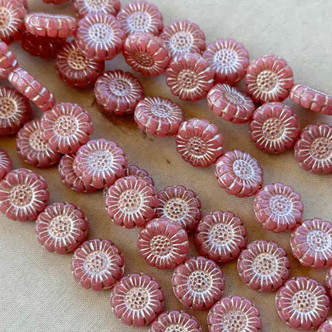 13mm Sunflower Beads Czech Glass Pink Opal White Gold 10Pcs Per Strand
