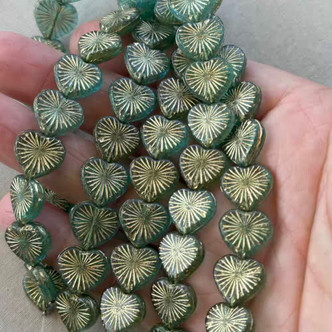 14mm Sunburst Heart Czech Glass Beads Gilded Sea Green Q10 Per Strand