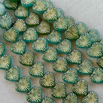 14mm Sunburst Heart Czech Glass Beads Gilded Sea Green Q10 Per Strand