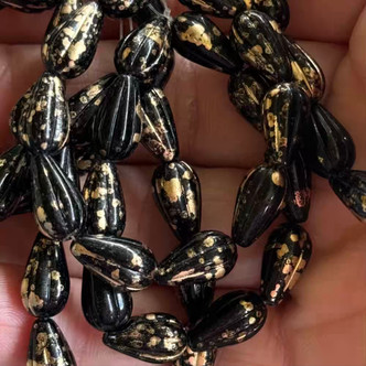 13x7mm Melon Drop Beads Czech Glass Gilded Speckled Black 10Pcs Per Strand
