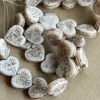 14mm Sunburst Heart Czech Glass Beads Antique Alabaster Q10 Per Strand