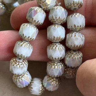 10mm Cathedral Czech Glass Beads Barrel Gilded Alabaster AB 12Pcs Per Strand