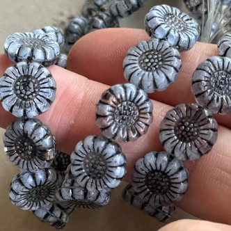 13mm Sunflower Beads Czech Glass Gray Marble Black Wash 10Pcs Per Strand