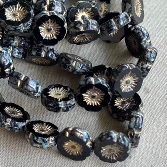 12mm Window Cut Flower Beads Czech Glass Gilded Black Picasso 12Pcs Per Strand