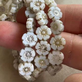 10mm Window Cut Flower Beads Czech Glass Gilded Mercury Alabaster Mix 16Pcs Per Strand