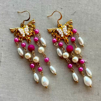 Fuchsia Pearl Chandelier Earrings Gold Artisan Made in the USA Per Pair