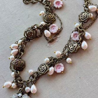 Edwardian Rose Cameo Collage Pendant Beaded Chain Necklace