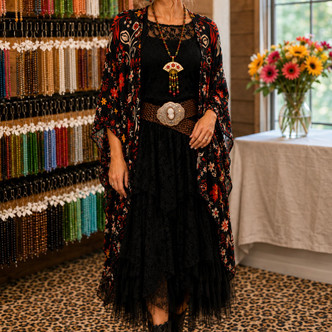 Black Floral Kimono High Low Easel