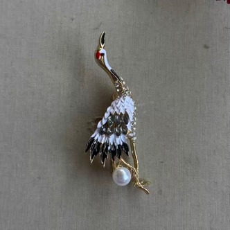 2.75 Inch Red-Crowned Japanese Crane Pendant Brooch Pin Rhinestone Per Pc