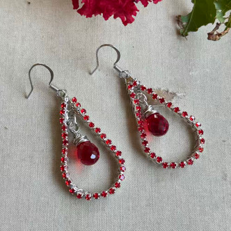 Glitz and Glamour Scarlet Rhinestone Earrings Teardrop Artisan Made in the USA Per Pair