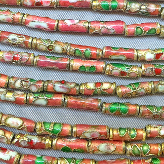 Vintage Pink Flower Blossom Cloisonne Enamel Tube Beads 10x3mm Gold Plated Alloy Q20 Per Strand
