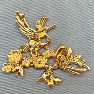 Cranes and Cherry Blossoms Left and Right Pair Stampings 46x49mm Gold Plated Alloy Q2 Per Pkg