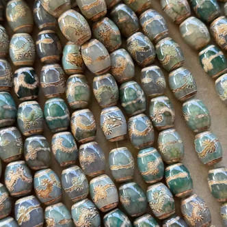 14x10mm Antique Jade Dragon Barrel Beads Dzi Agate Tibetan Style Smooth Q12 Per Strand