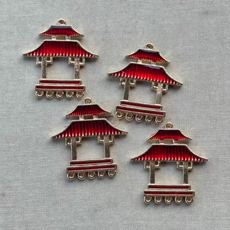28x26mm Japanese Temple Chandelier Connectors Red Enamel Gold Plated Q4 Per Pkg