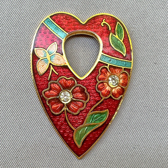 Maroon Flower Cloisonne Enamel Concave Heart Pendants 38x28mm Gold Plated Alloy Q2 Per Pkg