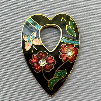 Black Flower Cloisonne Enamel Concave Heart Pendants 38x28mm Gold Plated Alloy Q2 Per Pkg