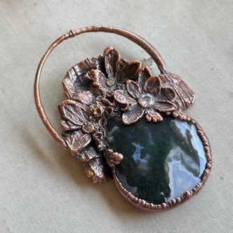 BIG 78x50mm Electroformed Moss Agate Pendant Flowers Mushroom Artisan Copper Per Pc