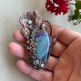 BIG 82x60mm Electroformed Agate Pendant Flowers Mushroom Artisan Copper Per Pc
