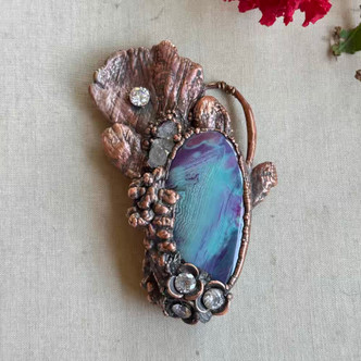 BIG 82x60mm Electroformed Agate Pendant Flowers Mushroom Artisan Copper Per Pc