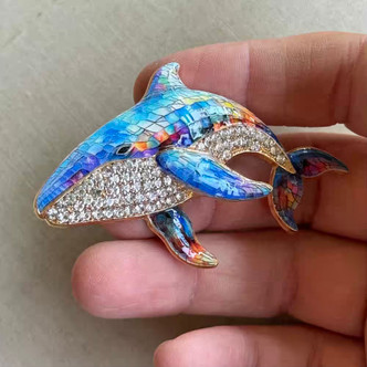 2.5 Inch Whale Brooch Pin Rhinestone Enamel Mosaic Gold Per Pc