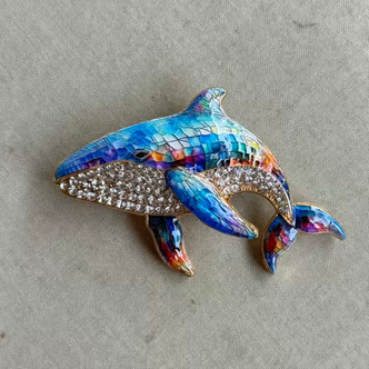 2.5 Inch Whale Brooch Pin Rhinestone Enamel Mosaic Gold Per Pc
