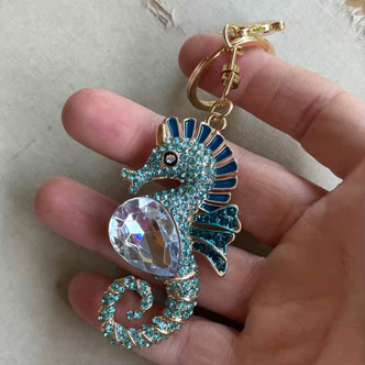 5 Inch Seahorse Keychain Aqua Gold Rhinestone Per Pc