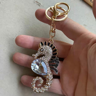 5 Inch Seahorse Keychain Black Clear Gold Rhinestone Per Pc