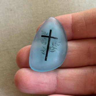 36x23mm Christian Cross Sea Glass Cabochon Aqua Blue Laser Etched Per Pc