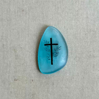36x23mm Christian Cross Sea Glass Cabochon Aqua Blue Laser Etched Per Pc
