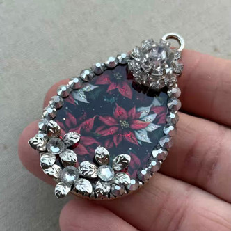 OOAK Poinsettia Drop Pendant Rhinestones Resin Artisan Made Per Pc