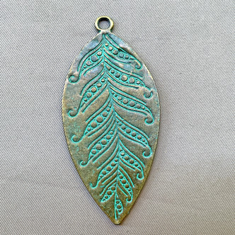 Verdigris Feather Leaf Pendants 59x28mm Antique Brass Plated Alloy Q2 Per Pkg