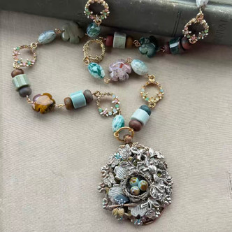 Home Tweet Home Collage Pendant Beaded Chain Lampwork Mixed Metals Necklace