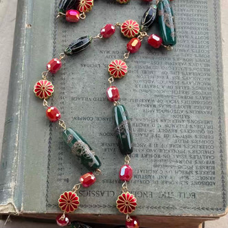 Jade Dragon Empress Cloisonne Beaded Chain Mixed Metals Necklace