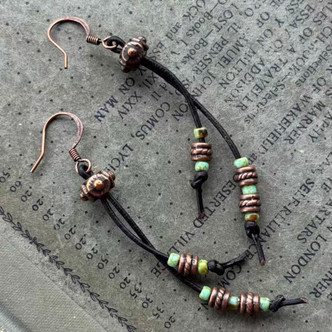 Bali Boho Leather Tassel Earrings Antique Copper Artisan Made in the USA Per Pair
