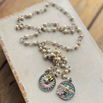 Sweet Honey Lariat Style Necklace Beaded Chain Bee Artisan Made Per Pc
