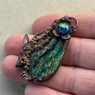 53x31mm Electroformed Pendant Dichroic Green Stone Flowers Twig Artisan Antiqued Copper Per Pc